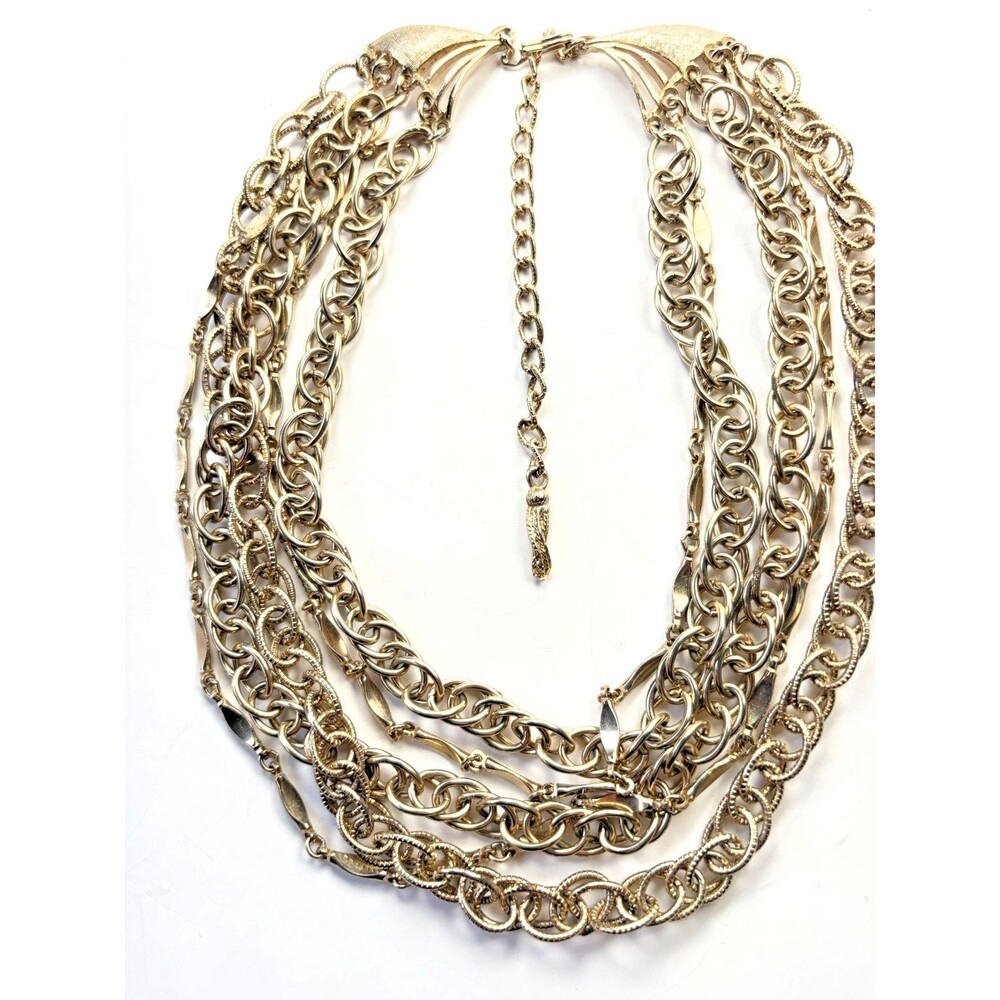 Vintage 1970s Gold Tone Chains Multi Strand Bib Statement Necklace Adjustable